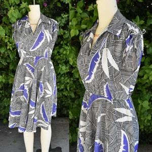 Vintage 70s tropical palm print midi dress M